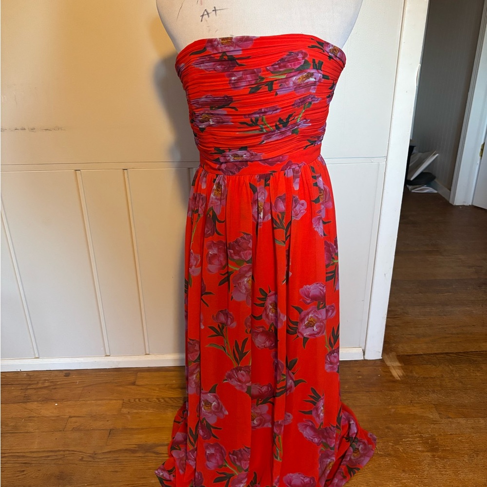 Anthropologie Strapless Red Floral Dress